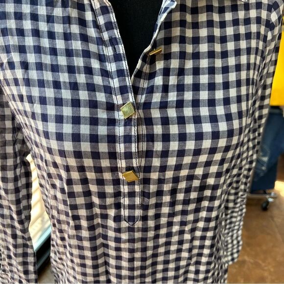 Preppy Gingham Shirt Dress | Navy Check Button-Front Tunic Tory Burch SZ 4 - Picture 4 of 10